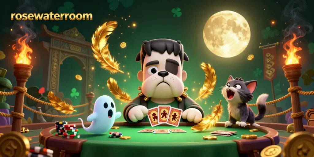 Experience thrilling card games at rosewaterroom with a vibrant scene featuring cartoon monsters and casino elements.