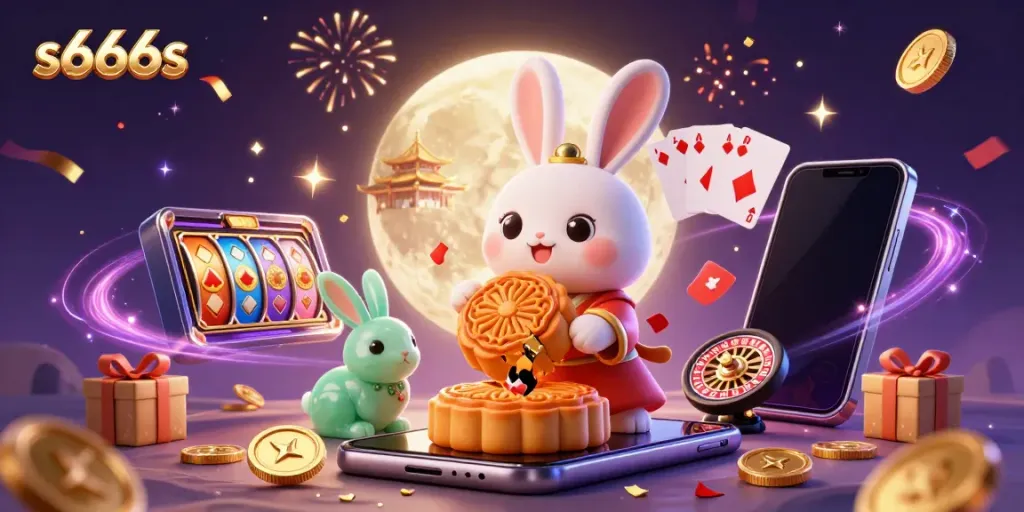 Experience thrilling gameplay with s666s as a moon rabbit reveals hidden poker chips in a vibrant casino scene.