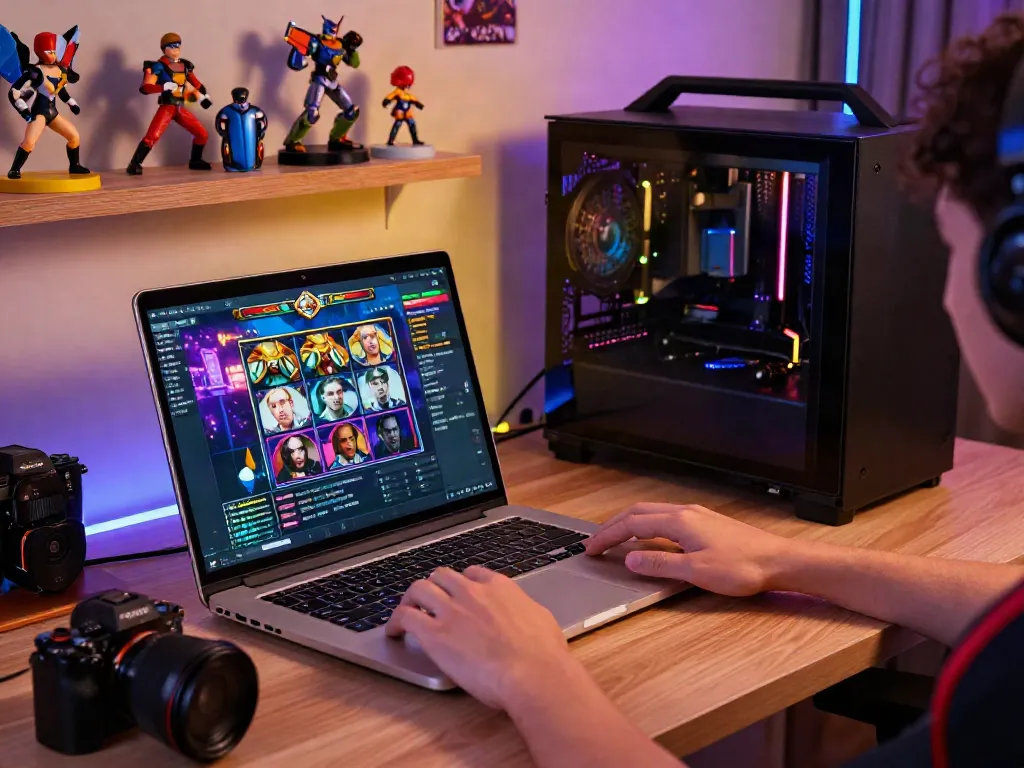 Player enjoying an exciting slot game on a laptop, surrounded by gaming accessories.