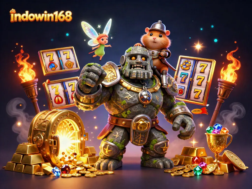 Win big with indowin168 featuring a magical scene of casino excitement and treasure.