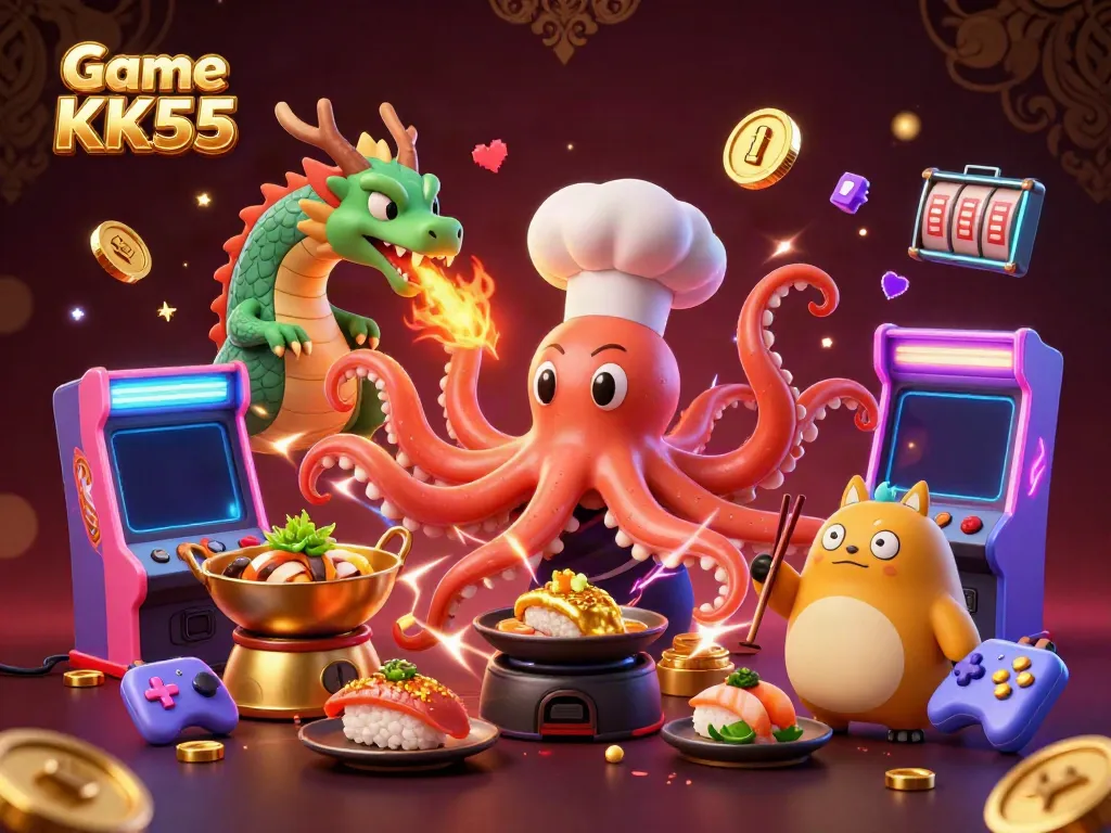 Experience Game KK55 with a vibrant 3D scene featuring an octopus chef and dragon in a lively casino setting.